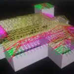 A model of the building is shown with neon colored wires.